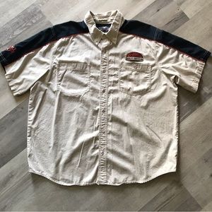 Mens Spellout Harley Davidson Mechanic Short Sleeve Button Up Navy/Tan 2XL
